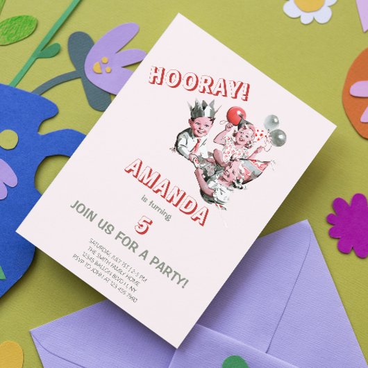 ヴィンテージレトロおもしろい50s子供誕生日パーティー 招待状