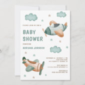 ヴィンテージレトロかわいいグリーン飛行機ベビーシャワー 招待状 (正面)