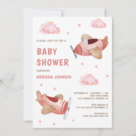 ヴィンテージレトロかわいいピンク飛行機ガールベイビーシャワー 招待状 (正面)