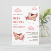 ヴィンテージレトロかわいいピンク飛行機ガールベイビーシャワー 招待状 (スタンド正面)