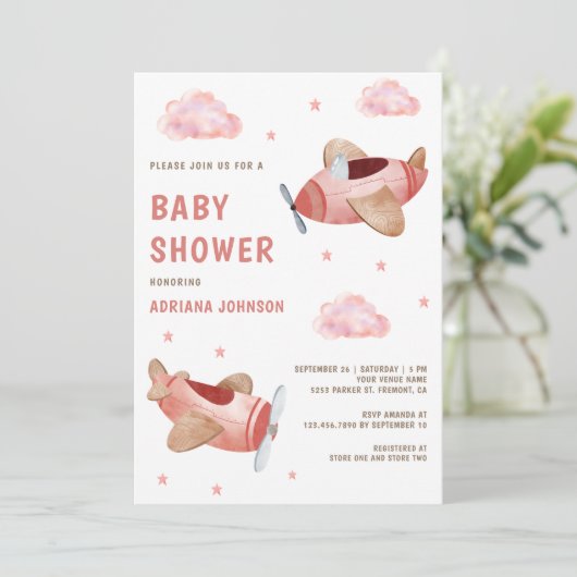 ヴィンテージレトロかわいいピンク飛行機ガールベイビーシャワー 招待状 (スタンド正面)