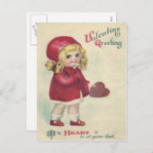 ヴィンテージレトロかわいい小さな女の子ハートバレンタイン シーズンポストカード (正面/裏面)