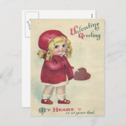 ヴィンテージレトロかわいい小さな女の子ハートバレンタイン シーズンポストカード (正面/裏面)