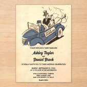 ヴィンテージレトロたった今結婚しましたカップル漫画結婚ズ アクリル招待状 (正面)