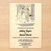 ヴィンテージレトロたった今結婚しましたカップル漫画結婚ズ アクリル招待状 (正面)