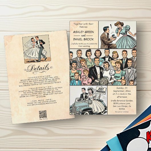 ヴィンテージレトロたった今結婚しましたカップル漫画結婚ズ 招待状