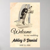 ヴィンテージレトロたった今結婚しましたカップル結婚ウェルカム ポスター (正面)