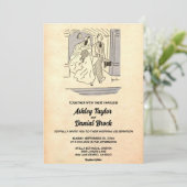 ヴィンテージレトロたった今結婚しましたカップル結婚ロマンチック 招待状 (スタンド正面)