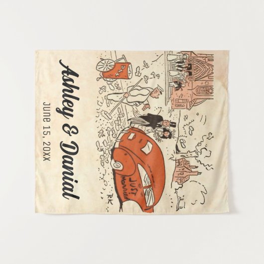 ヴィンテージレトロたった今結婚しましたクラシック対結婚 タペストリー (正面(横))