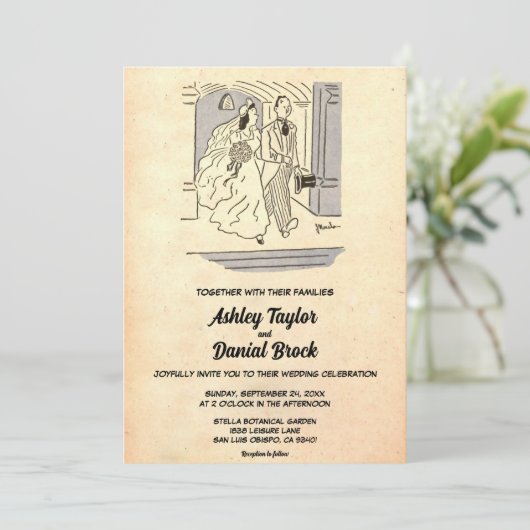 ヴィンテージレトロたった今結婚しました素朴対結婚数 招待状 (スタンド正面)