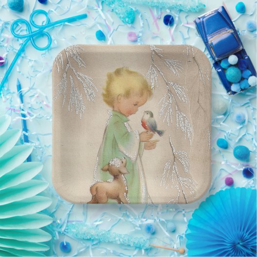 ヴィンテージレトロなクリスマスの子供の鹿鳥のパーティープレート ペーパープレート (パーティー)