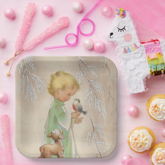 ヴィンテージレトロなクリスマスの子供の鹿鳥のパーティープレート ペーパープレート (パーティー)