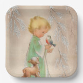 ヴィンテージレトロなクリスマスの子供の鹿鳥のパーティープレート ペーパープレート (正面)