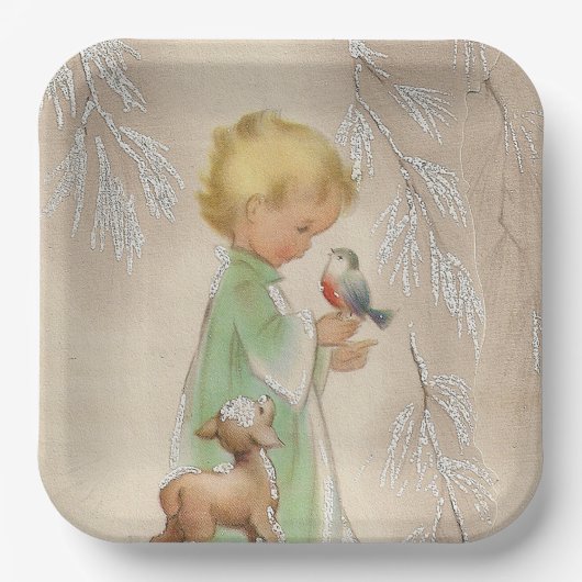 ヴィンテージレトロなクリスマスの子供の鹿鳥のパーティープレート ペーパープレート (正面)