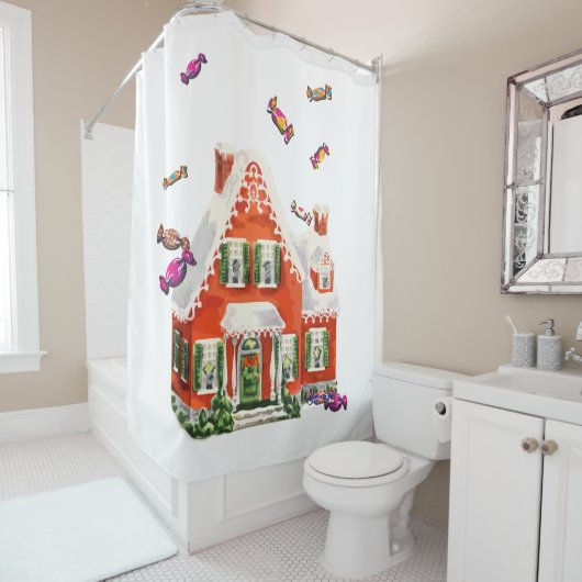 ヴィンテージレトロなクリスマスキャンディジンガーブレッドハウス シャワーカーテン (インサイチュ)
