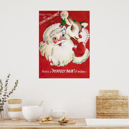 ヴィンテージレトロなクリスマスサンタトナカイのポスター ポスター (キッチン)