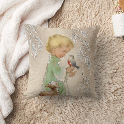 ヴィンテージレトロなクリスマスチャイルドホームデコ枕 クッション (ブランケット)