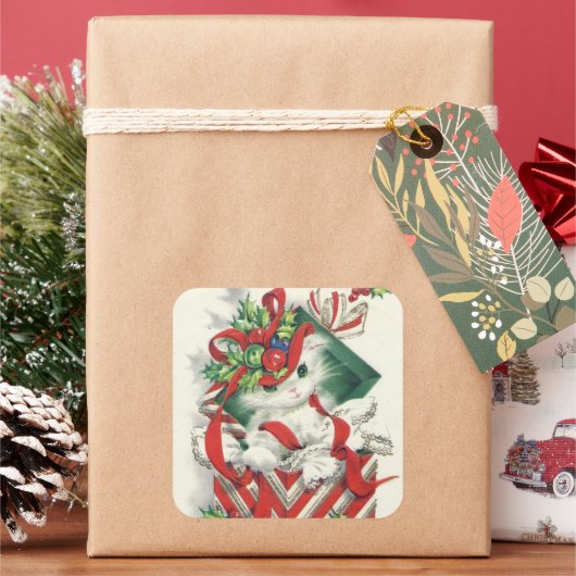 ヴィンテージレトロなクリスマス猫シール スクエアシール (クリスマス)