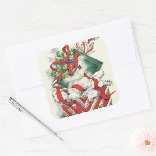 ヴィンテージレトロなクリスマス猫シール スクエアシール (封筒)