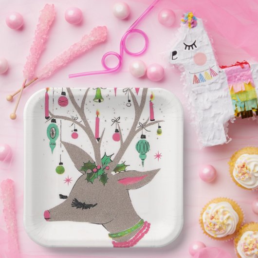 ヴィンテージレトロなトナカイのクリスマスパーティープレート ペーパープレート (パーティー)