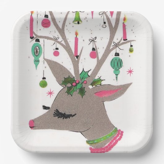 ヴィンテージレトロなトナカイのクリスマスパーティープレート ペーパープレート (正面)