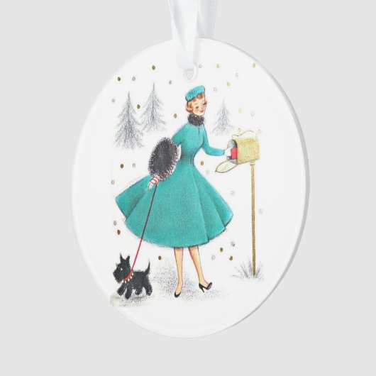 ヴィンテージレトロのクリスマスの女性とスコティドッグ オーナメント (正面)