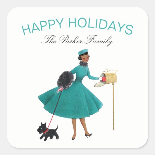 ヴィンテージレトロのクリスマスの女性とスコティドッグ スクエアシール (正面)