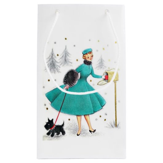 ヴィンテージレトロのクリスマスの女性とスコティドッグ スモールペーパーバッグ (裏面)