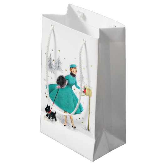 ヴィンテージレトロのクリスマスの女性とスコティドッグ スモールペーパーバッグ (正面アングル)