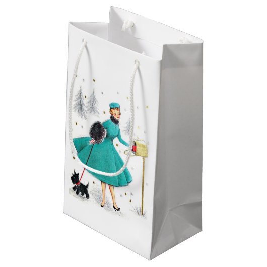 ヴィンテージレトロのクリスマスの女性とスコティドッグ スモールペーパーバッグ (裏面アングル)