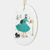 ヴィンテージレトロのクリスマスの女性とスコティドッグ セラミックオーナメント (左)