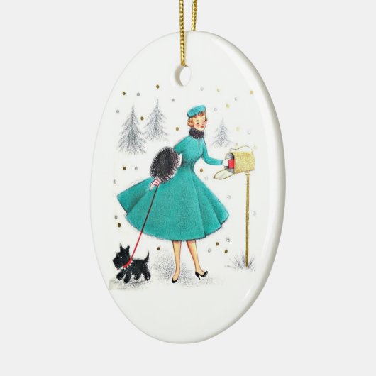ヴィンテージレトロのクリスマスの女性とスコティドッグ セラミックオーナメント (左)