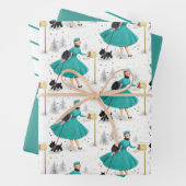 ヴィンテージレトロのクリスマスの女性とスコティドッグ ラッピングペーパーシート (インサイチュ)