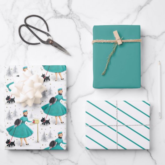 ヴィンテージレトロのクリスマスの女性とスコティドッグ ラッピングペーパーシート (正面)