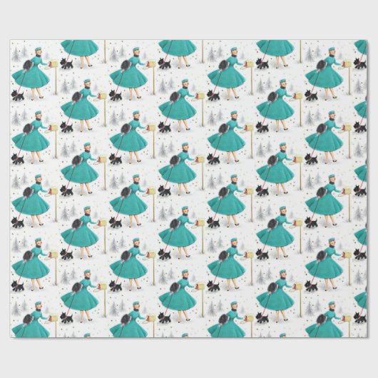 ヴィンテージレトロのクリスマスの女性とスコティドッグ ラッピングペーパー (フラット)