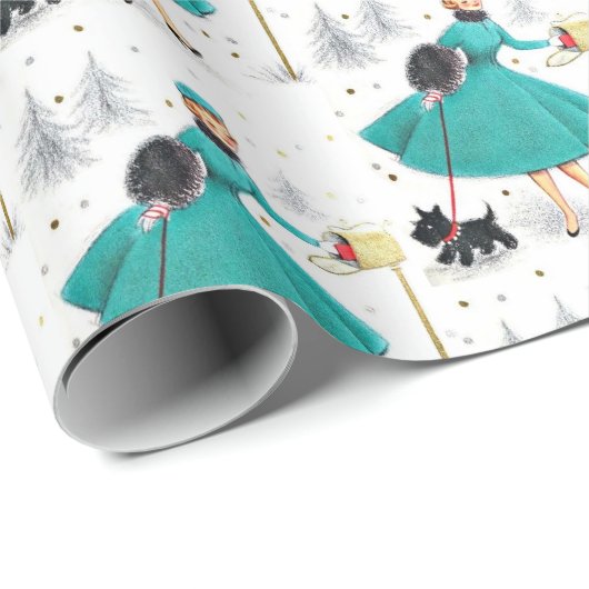 ヴィンテージレトロのクリスマスの女性とスコティドッグ ラッピングペーパー (ロールコーナー)