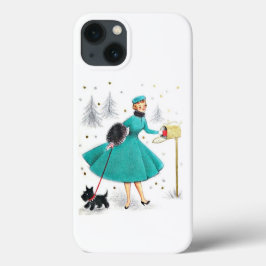 ヴィンテージレトロのクリスマスの女性とスコティドッグ iPhone 13ケース