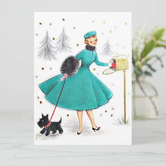ヴィンテージレトロのクリスマスの女性とスコティ犬 シーズンカード (スタンド正面)