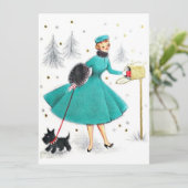 ヴィンテージレトロのクリスマスの女性とスコティ犬 シーズンカード (スタンド正面)