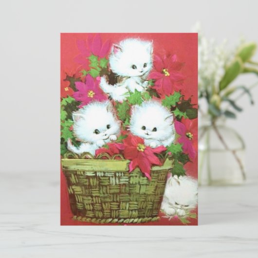 ヴィンテージレトロのクリスマスの子猫かご シーズンカード (スタンド正面)