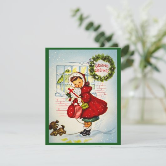 ヴィンテージレトロの子犬とクリスマスグリーティングガール シーズンカード (スタンド正面)