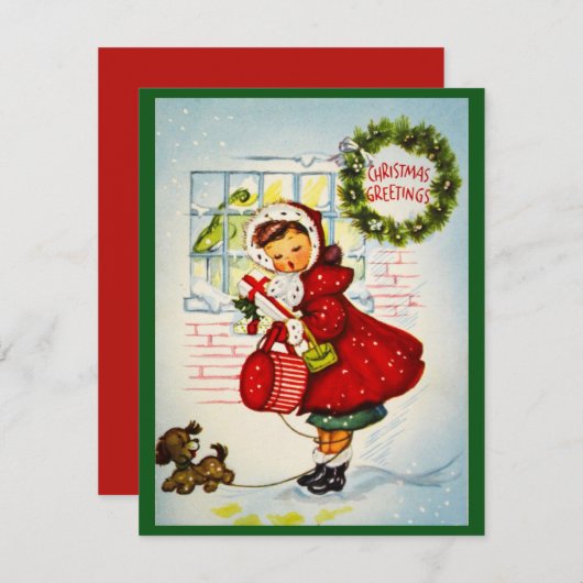 ヴィンテージレトロの子犬とクリスマスグリーティングガール シーズンカード (正面/裏面)