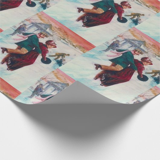 ヴィンテージレトロアイススケートで滑るクリスマスアート ラッピングペーパー (角)