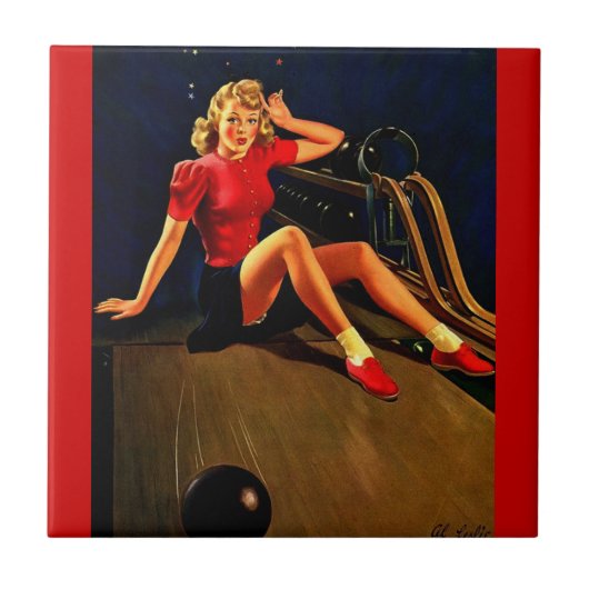 ヴィンテージレトロアルブエルボーリングピンアップガール タイル (正面)