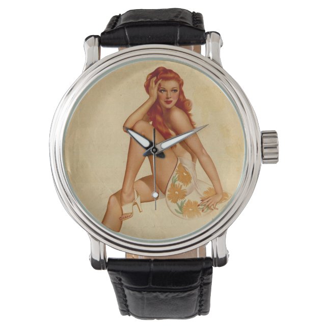 ヴィンテージレトロアルベルトヴァーガスレッドヘッドピンアップガール 腕時計 (正面)