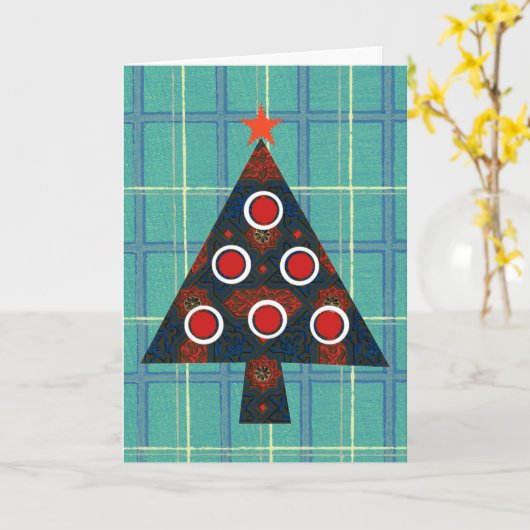 ヴィンテージレトロアートとプレイドクリスマスツリーカード カード (黄色い花)