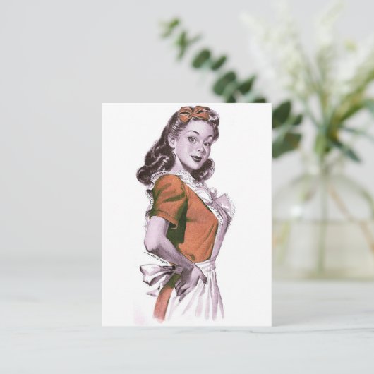 ヴィンテージレトロウィメンキッチハッピーハウスワイア ポストカード (スタンド正面)