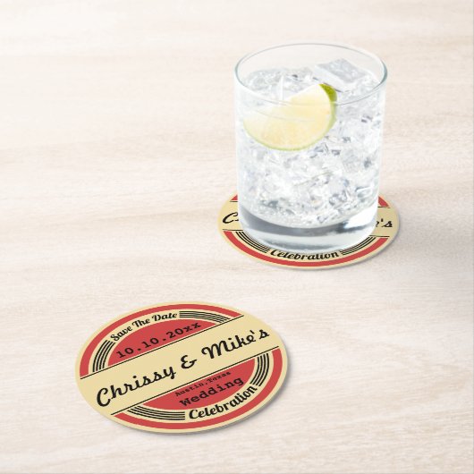 ヴィンテージレトロウェディング日付コースターを保存 ラウンドペーパーコースター (インサイチュ)