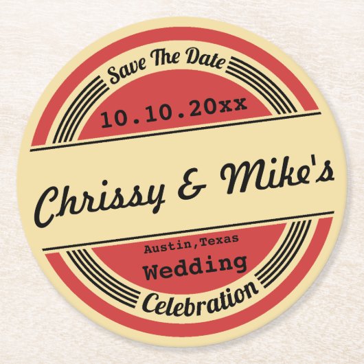 ヴィンテージレトロウェディング日付コースターを保存 ラウンドペーパーコースター (正面)