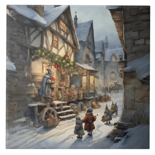 ヴィンテージレトロウォーターカラークリスマスビレッジ タイル (正面)